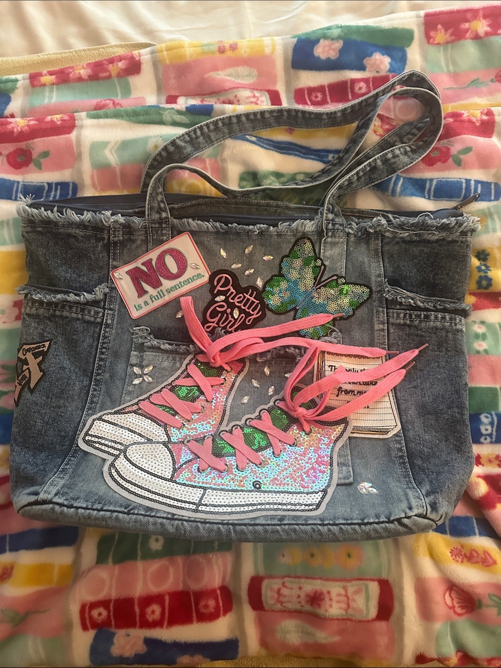 Denim Tote with Notebook & Pink Sequin Sneaker Patch - Picture 8 of 9